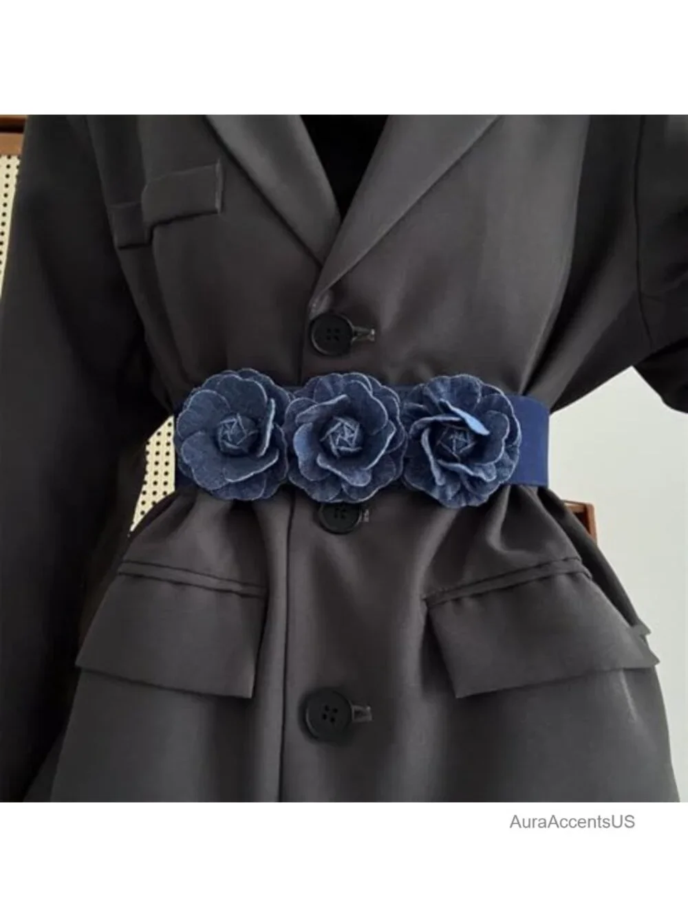 Stretchy Elastic Belt with Flower Pearl Decoration for Dresses Coats - Wide